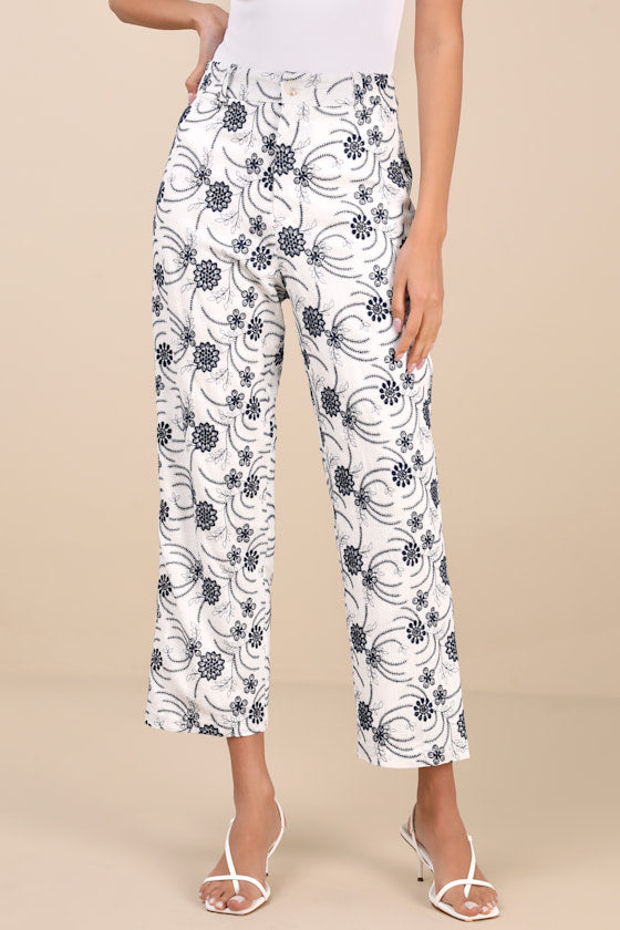 Auroria White Embroidered High-Rise Cropped Pants