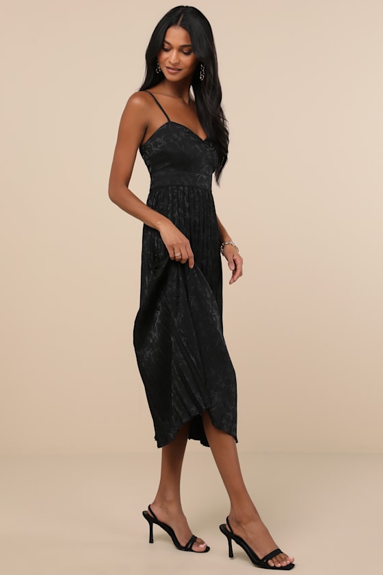 Regal Romance Black Floral Jacquard Pleated Satin Midi Dress