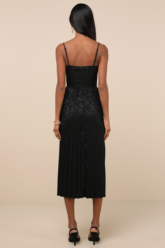 Regal Romance Black Floral Jacquard Pleated Satin Midi Dress