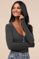 Pursuing Sweetness Charcoal Textured Ribbed Henley Bodysuit