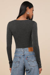 Pursuing Sweetness Charcoal Textured Ribbed Henley Bodysuit