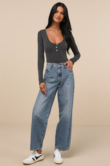 Pursuing Sweetness Charcoal Textured Ribbed Henley Bodysuit