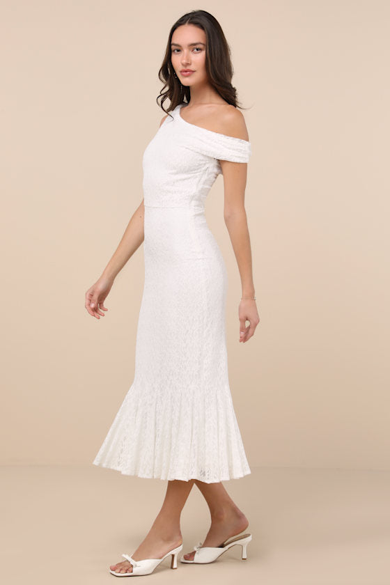 Nadie White Lace Asymmetrical Midi Dress