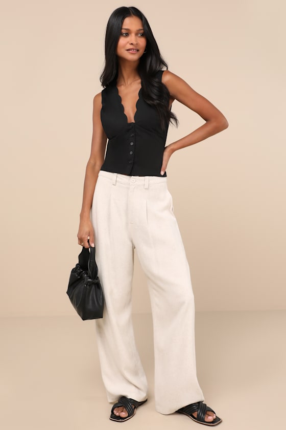 Seasonally Lovely Black Scalloped Button-Front Top
