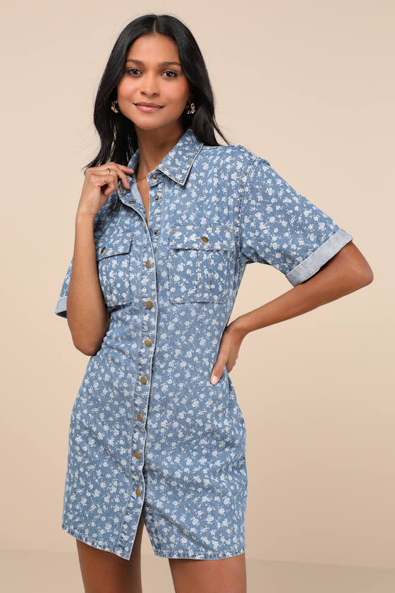 Renske Light Wash Floral Print Denim Mini Dress