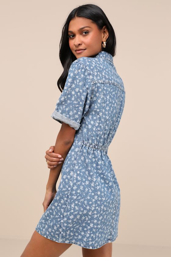 Renske Light Wash Floral Print Denim Mini Dress
