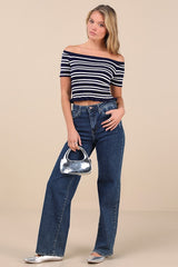 Erela Navy and Ivory Striped Off-the-Shoulder Sweater Top