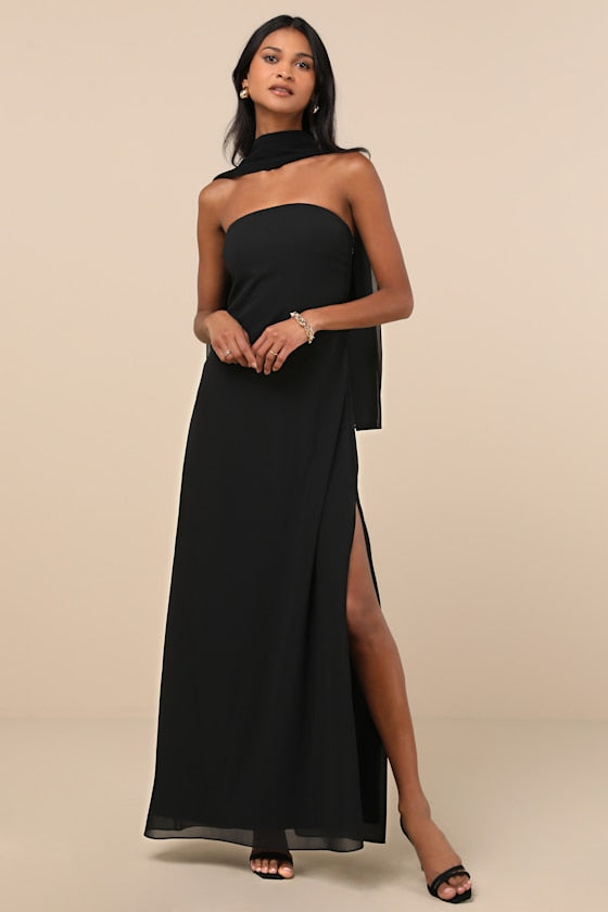 Rawya Black Strapless Maxi Dress and Scarf Set