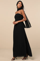 Rawya Black Strapless Maxi Dress and Scarf Set