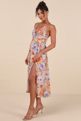 Danelle Taupe Floral Halter A-Line Midi Dress