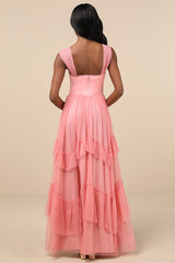 Stunning Personality Pink Mesh Off-the-Shoulder Maxi Dress