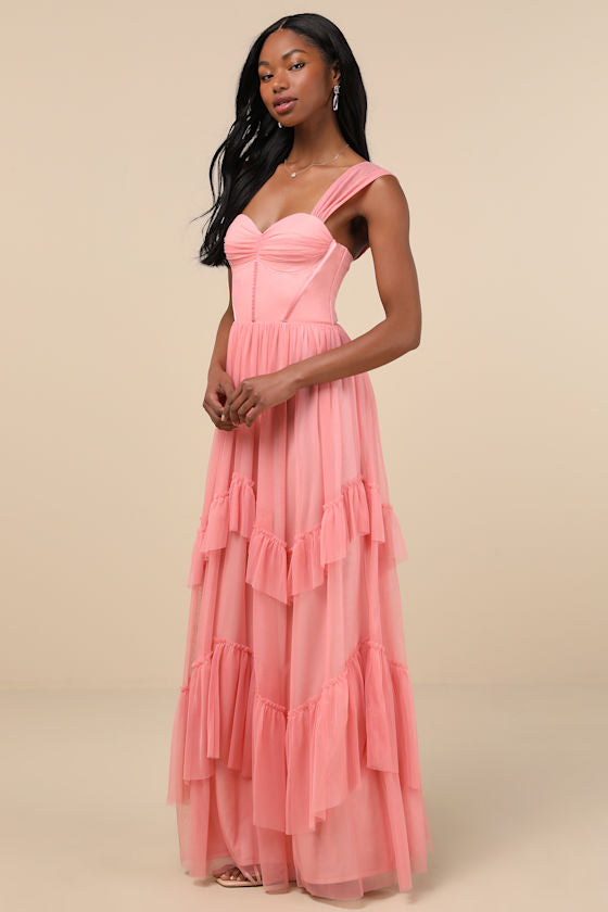 Stunning Personality Pink Mesh Off-the-Shoulder Maxi Dress