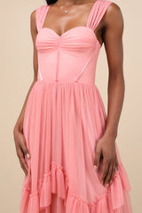 Stunning Personality Pink Mesh Off-the-Shoulder Maxi Dress