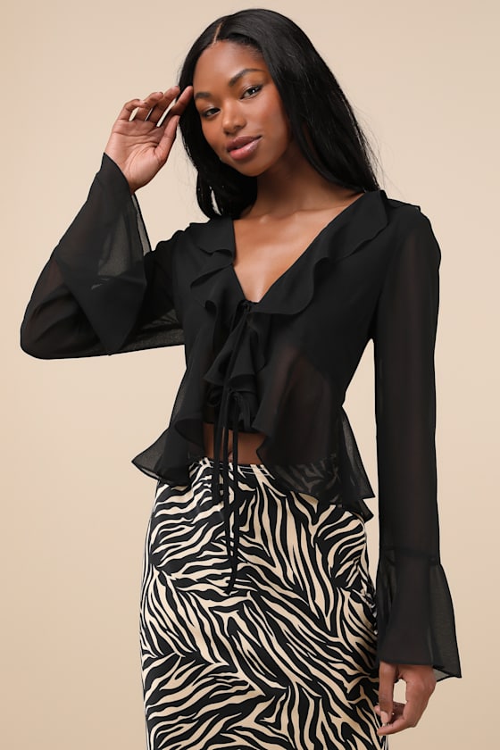 Thriving Flirt Black Chiffon Ruffled Long Sleeve Tie-Front Top