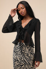 Thriving Flirt Black Chiffon Ruffled Long Sleeve Tie-Front Top