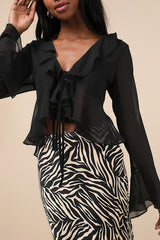 Thriving Flirt Black Chiffon Ruffled Long Sleeve Tie-Front Top