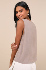 Casually Sophisticated Brown Linen Sleeveless Button-Front Top