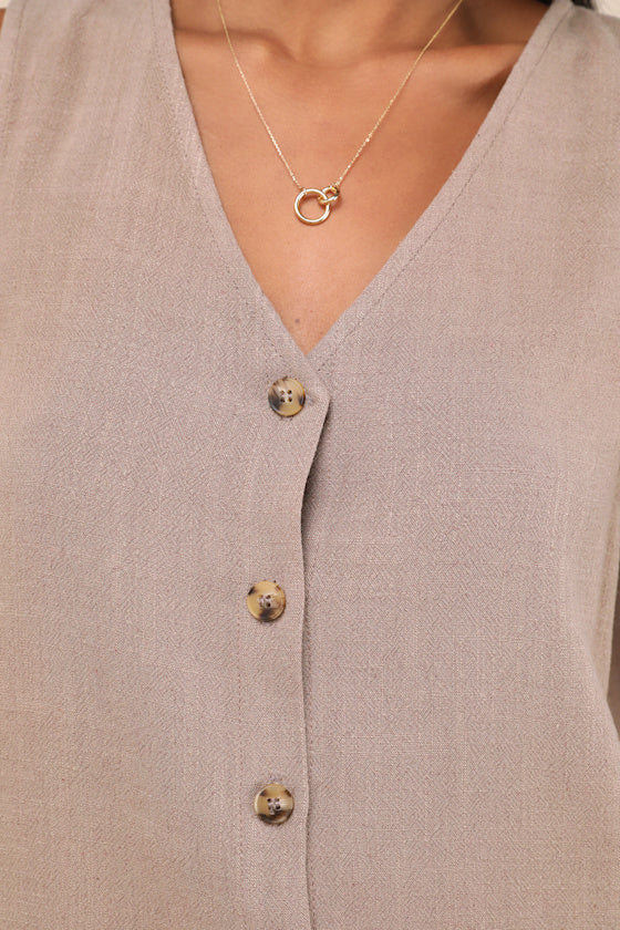Casually Sophisticated Brown Linen Sleeveless Button-Front Top