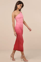 Beautiful Perception Pink Ombre One-Shoulder Mesh Midi Dress
