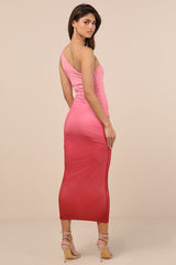 Beautiful Perception Pink Ombre One-Shoulder Mesh Midi Dress