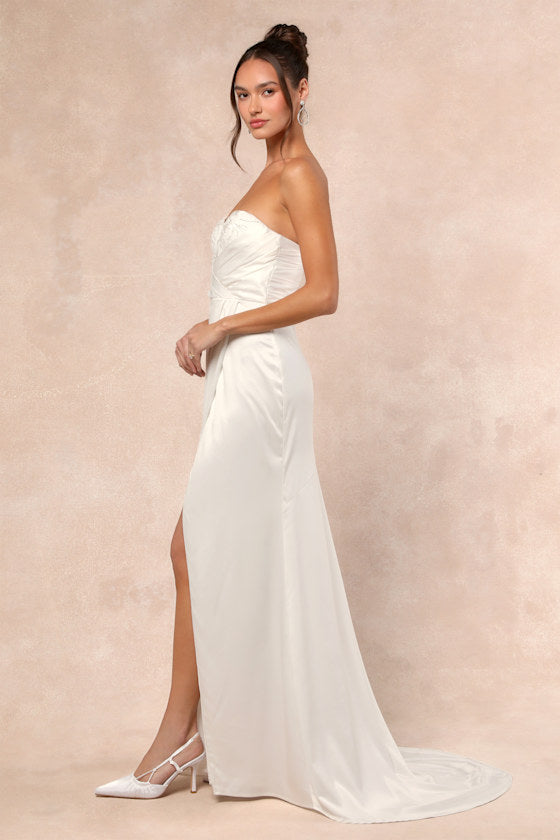 Heidy White Satin Beaded Strapless Maxi Dress