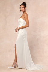 Heidy White Satin Beaded Strapless Maxi Dress