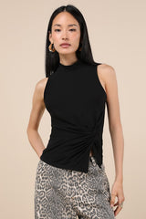 Stylish Inclination Black Mock Neck Knot-Front Sleeveless Top
