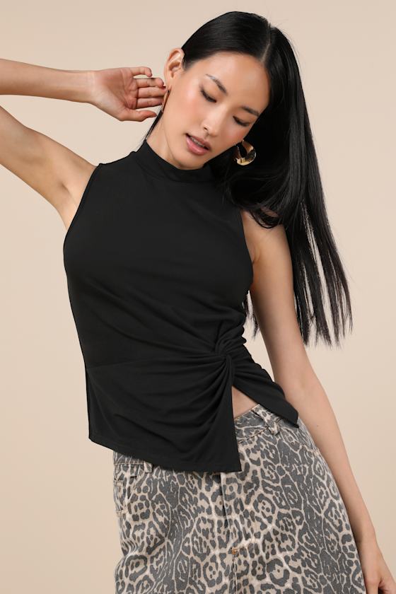 Stylish Inclination Black Mock Neck Knot-Front Sleeveless Top