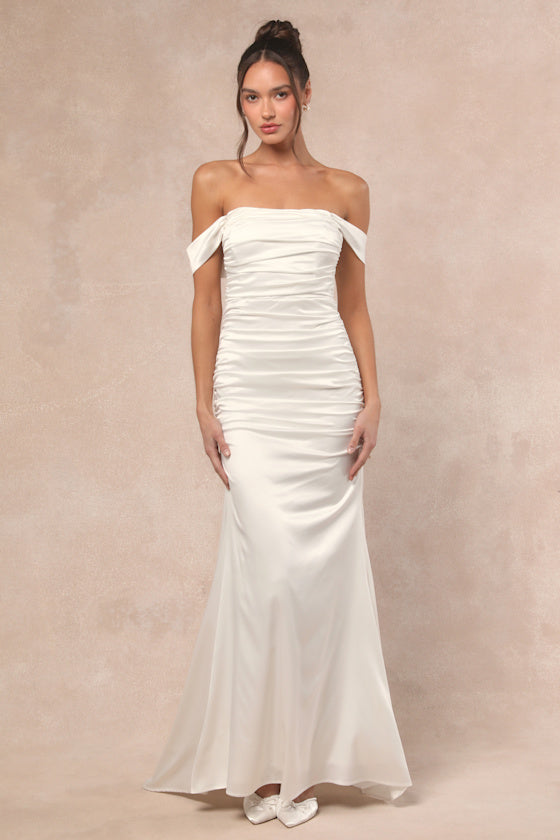 Torri White Satin Off-the-Shoulder Maxi Dress