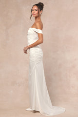 Torri White Satin Off-the-Shoulder Maxi Dress