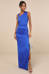 Enticing Darling Royal Blue Asymmetrical Ruched Maxi Dress