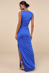 Enticing Darling Royal Blue Asymmetrical Ruched Maxi Dress