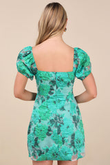 Luxe Direction Teal Green Floral Jacquard Puff Sleeve Mini Dress