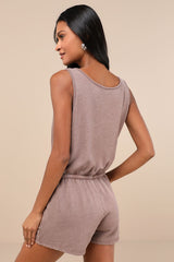 Perfect Lazy Day Brown Sleeveless Drawstring Lounge Romper