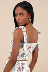 Beautifully Chic White Floral Tie-Strap Bustier Top