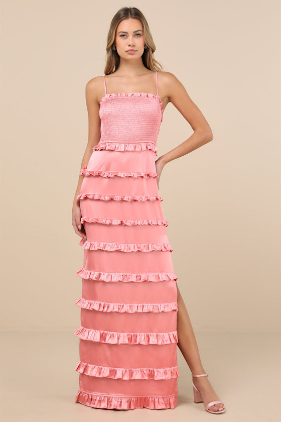 Sincerely Fabulous Peach Pink Satin Smocked Ruffled Maxi Dress