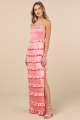 Sincerely Fabulous Peach Pink Satin Smocked Ruffled Maxi Dress
