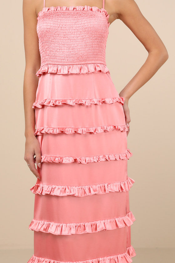 Sincerely Fabulous Peach Pink Satin Smocked Ruffled Maxi Dress