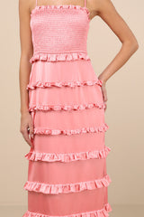 Sincerely Fabulous Peach Pink Satin Smocked Ruffled Maxi Dress