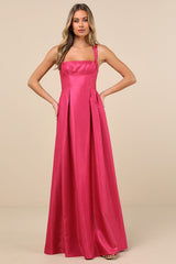 Immaculate Aura Shiny Magenta Taffeta Maxi Dress With Pockets