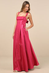 Immaculate Aura Shiny Magenta Taffeta Maxi Dress With Pockets