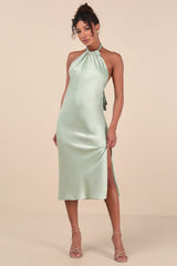 Angelique Sage Satin Backless Halter Midi Dress