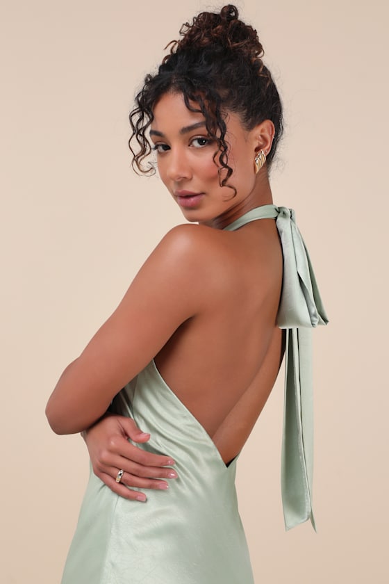 Angelique Sage Satin Backless Halter Midi Dress