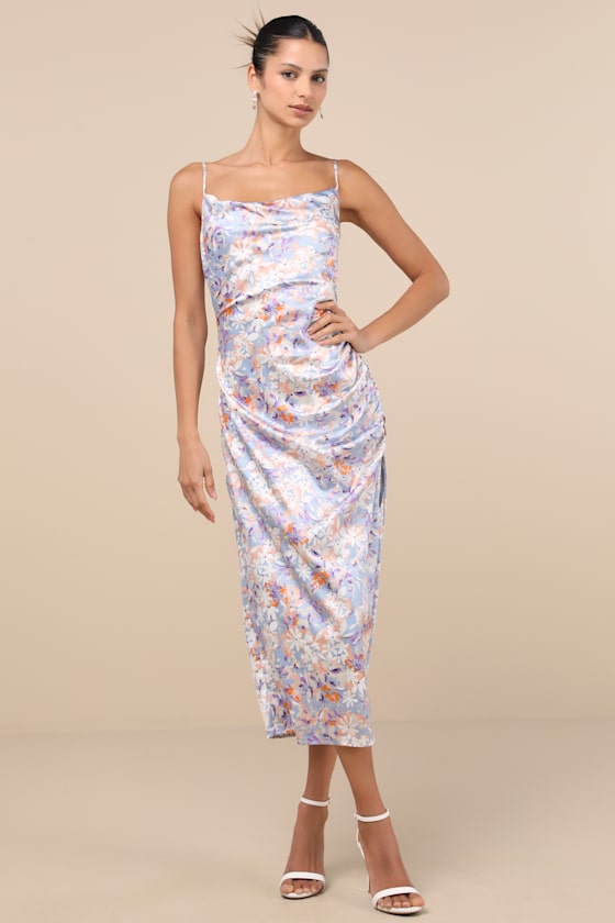 Truest Romance Slate Floral Print Sleeveless Ruched Midi Dress