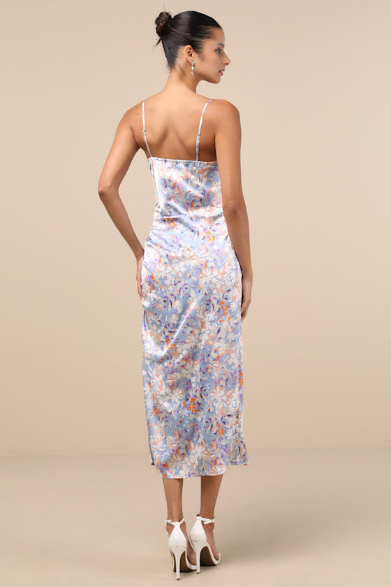 Truest Romance Slate Floral Print Sleeveless Ruched Midi Dress