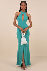 Belestina Teal Green Cutout Mock Neck Maxi Dress