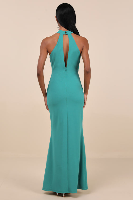Belestina Teal Green Cutout Mock Neck Maxi Dress