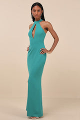Belestina Teal Green Cutout Mock Neck Maxi Dress