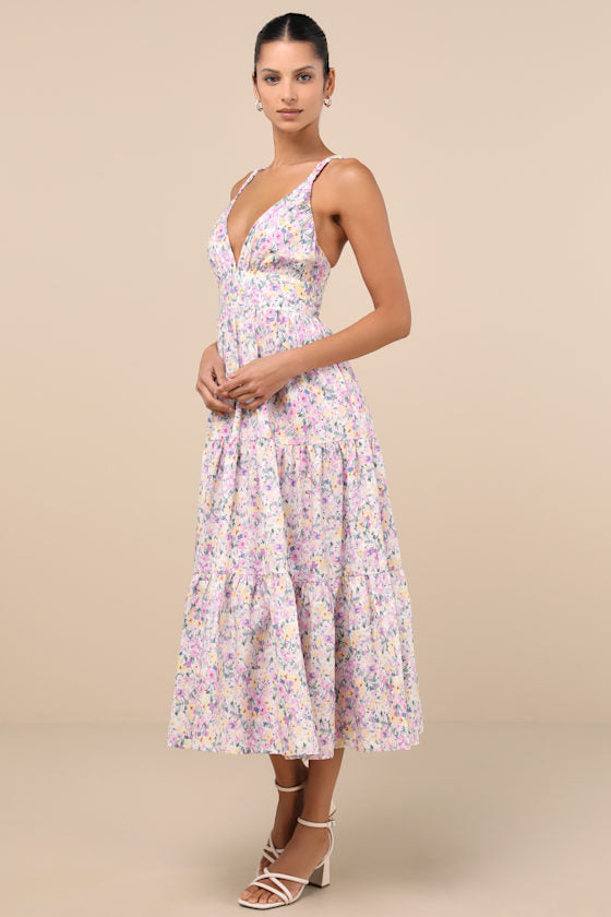Brightly Blossoming Pink Multi Floral Tiered Midi Dress