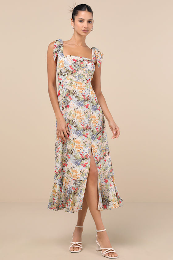 Summer Invite White Multi Floral Tie-Strap Tiered Midi Dress